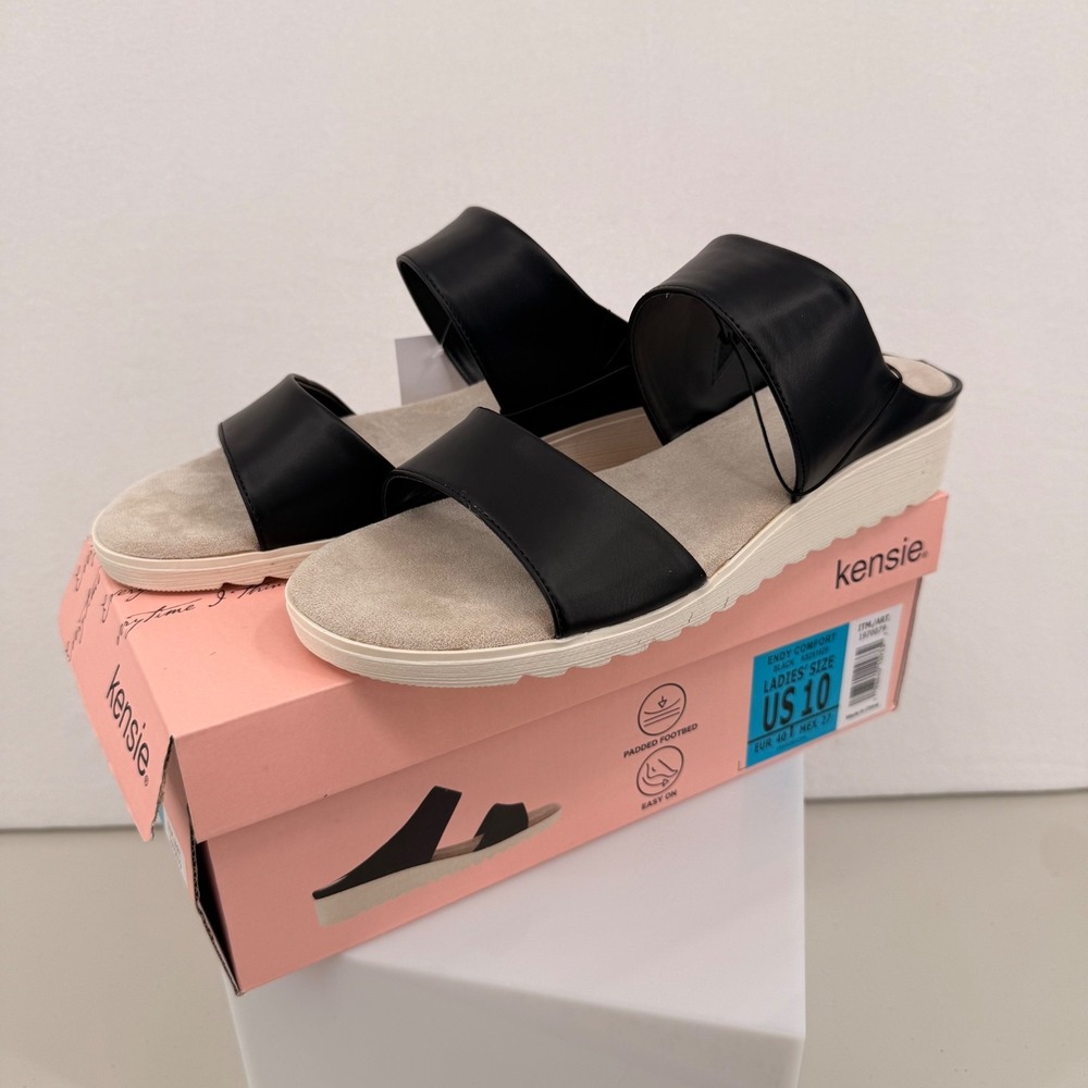 Kensie Endy Comfort Wedge Sandals Women Size 10 Black Faux Leather KS261620